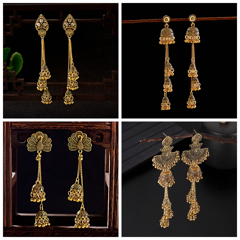 Indian Wedding Supply - New Gold Color Bell Tassel Jhumka