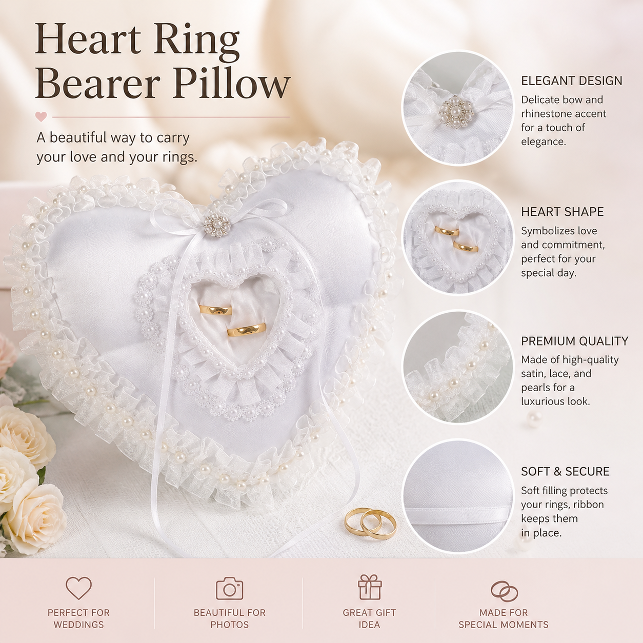 Ring Bearer Pillow - White Heart Shaped Wedding Ring Pillow