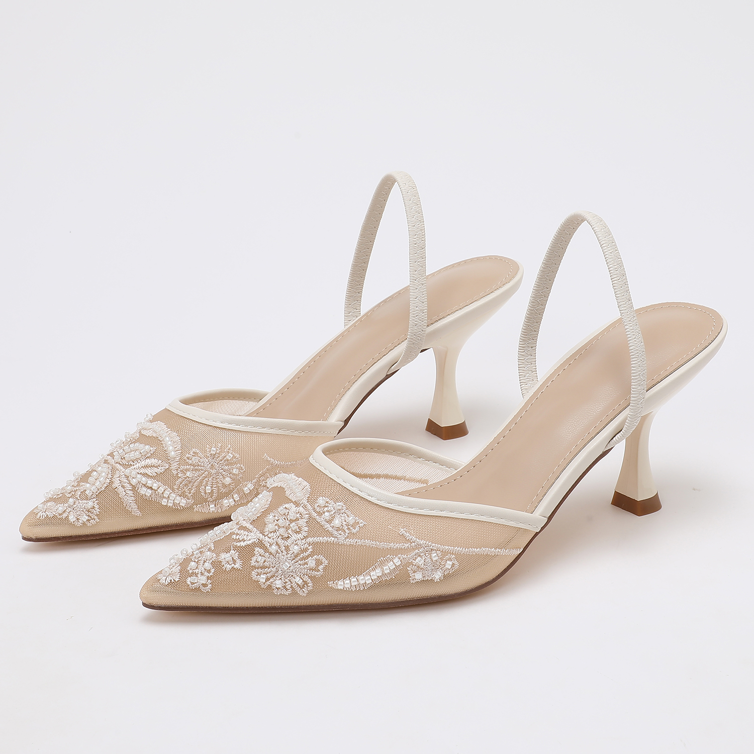 Wedding Fx - Elegant Lace Beaded Mesh Slingback 8cm