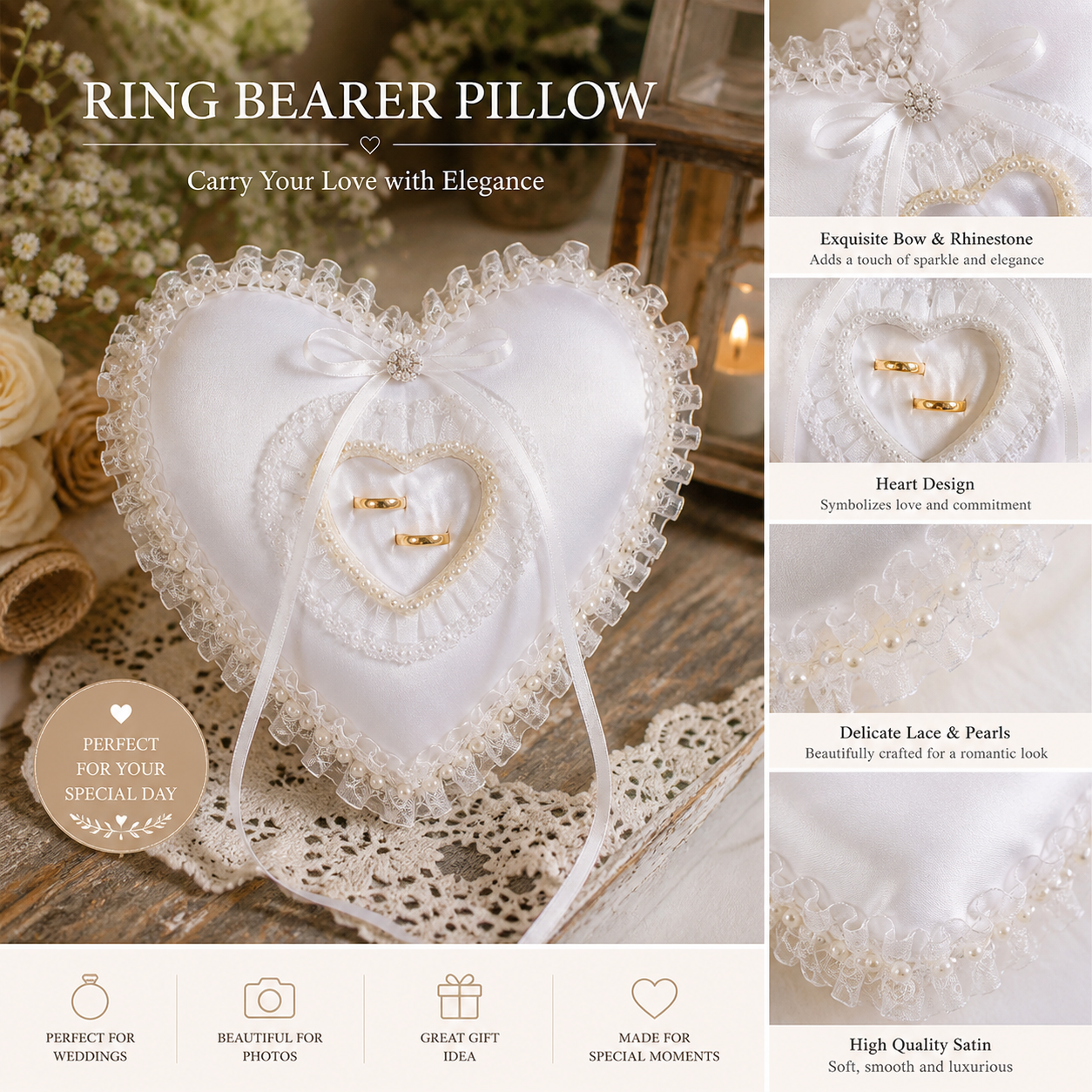 White Heart Shaped Wedding Rin - Ring Bearer Pillow ulasan dan harga